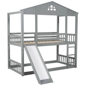Gray Twin Over Twin House Bunk Bed with Roof, Convertible Slide and Ladder, Wooden Floor Bunk Bed Frame for Kids