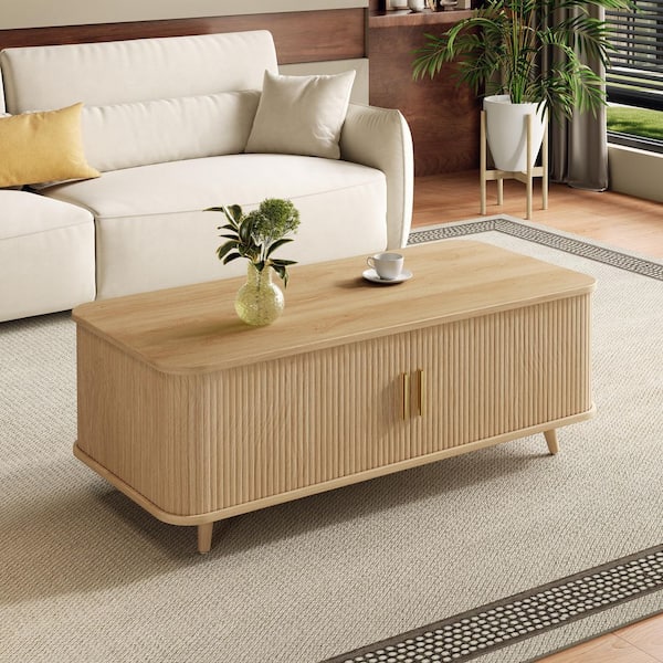 Berger Mid-Century Modern 47.24 in. Natural Rectangle MDF Coffee Table with Sliding Doors, Hidden Storage