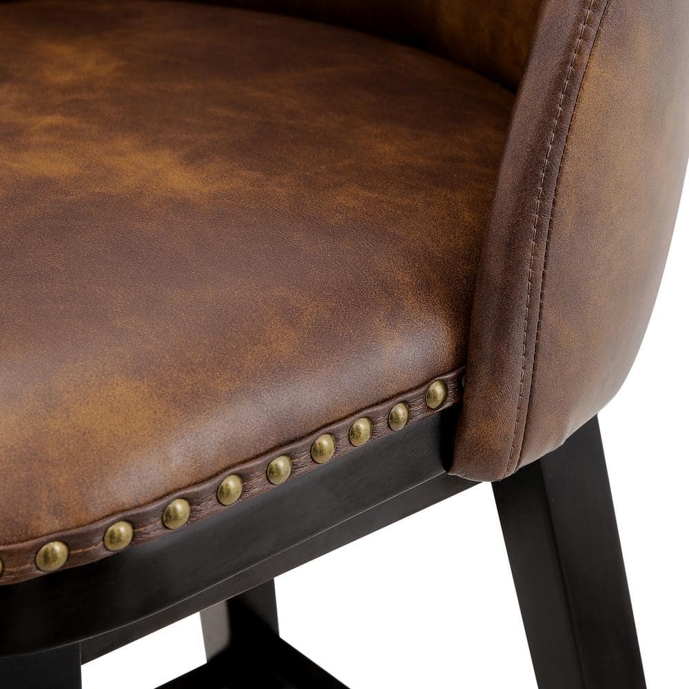 Whiskey Brown Faux Leather Swivel Counter Stools with Wood Legs, Set of 4
