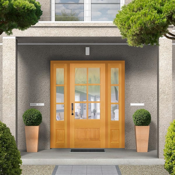 64 in. x 80 in. Farmhouse 3/4 Lite Clear Glass Right-Hand/Inswing Red Mahogany Stain Hemlock Prehung Front Door w/DSL