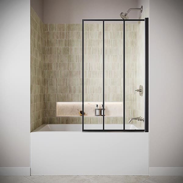 Amusa 34 in. x 58 in. Framed Pivot Bathtub Door w/CrystalTech Treated 5/16 in. Tempered Clear Glass Matte Black Hardware