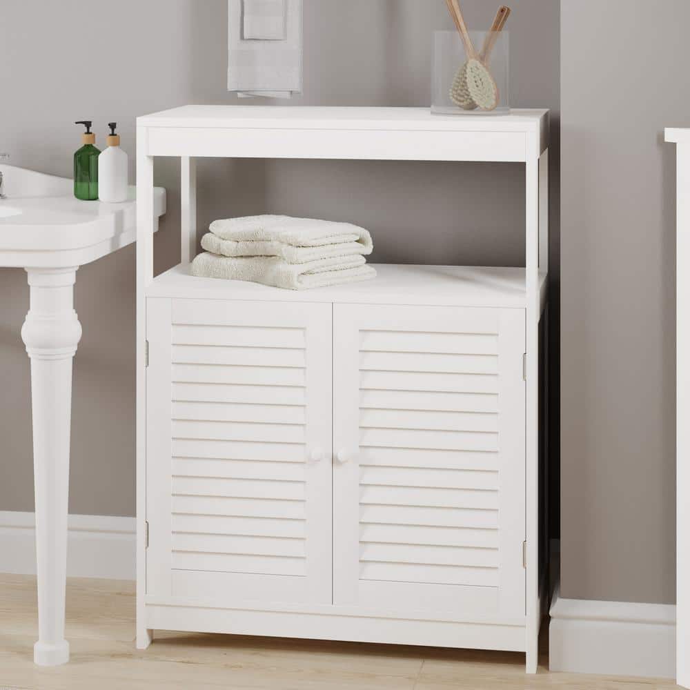 White Storage Cabinet with Double Doors, Freestanding Kitchen, Laundry Room or Restroom Organizer with Open Shelf