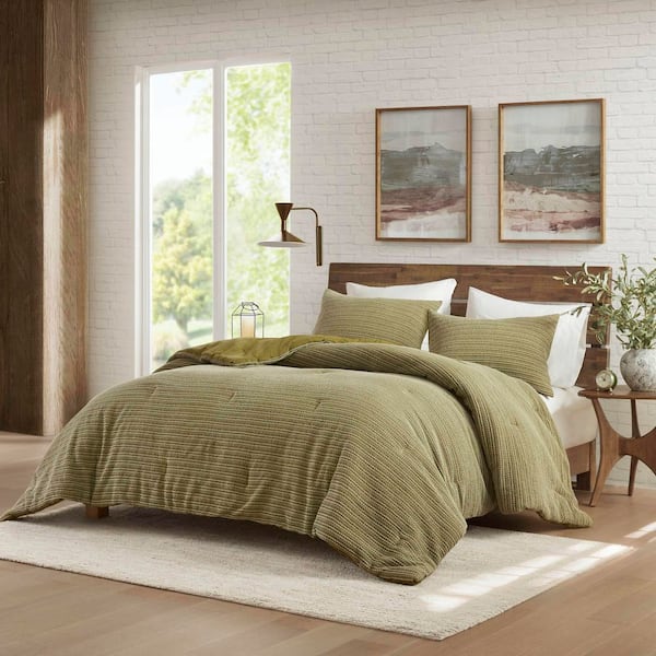 Lyon 3-Piece Green Cotton Full/Queen Waffle Washed Comforter Set