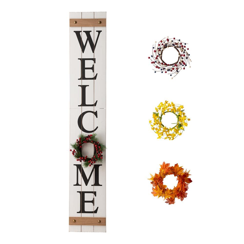 Glitzhome 60 in. H Wooden Welcome Porch Sign with 4 Changable Wreathes (Spring/Patriotic/Fall/Christmas)