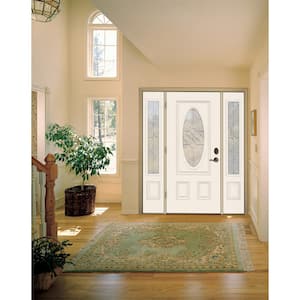 60 in. x 80 in. Right-Hand 3/4 Oval Brevard Decorative Glass Primed Fiberglass Prehung Front Door w/Sidelites