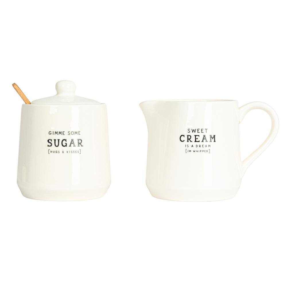 White Stoneware Creamer and Sugar Pot Set with Spoon