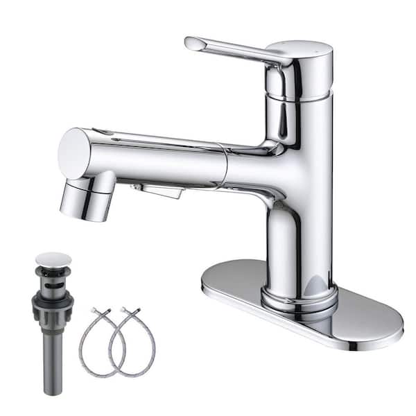 Single Handle Pull Out Sprayer Single Hole Bathroom Faucet Deckplate and Pop Up Drain Included in Chrome