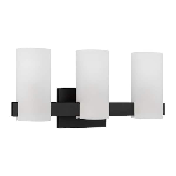 SCOTT LIVING - Rhode 19.63 in. 3-Light Midnight Black Large Vanity Light with Etched Glass Shades