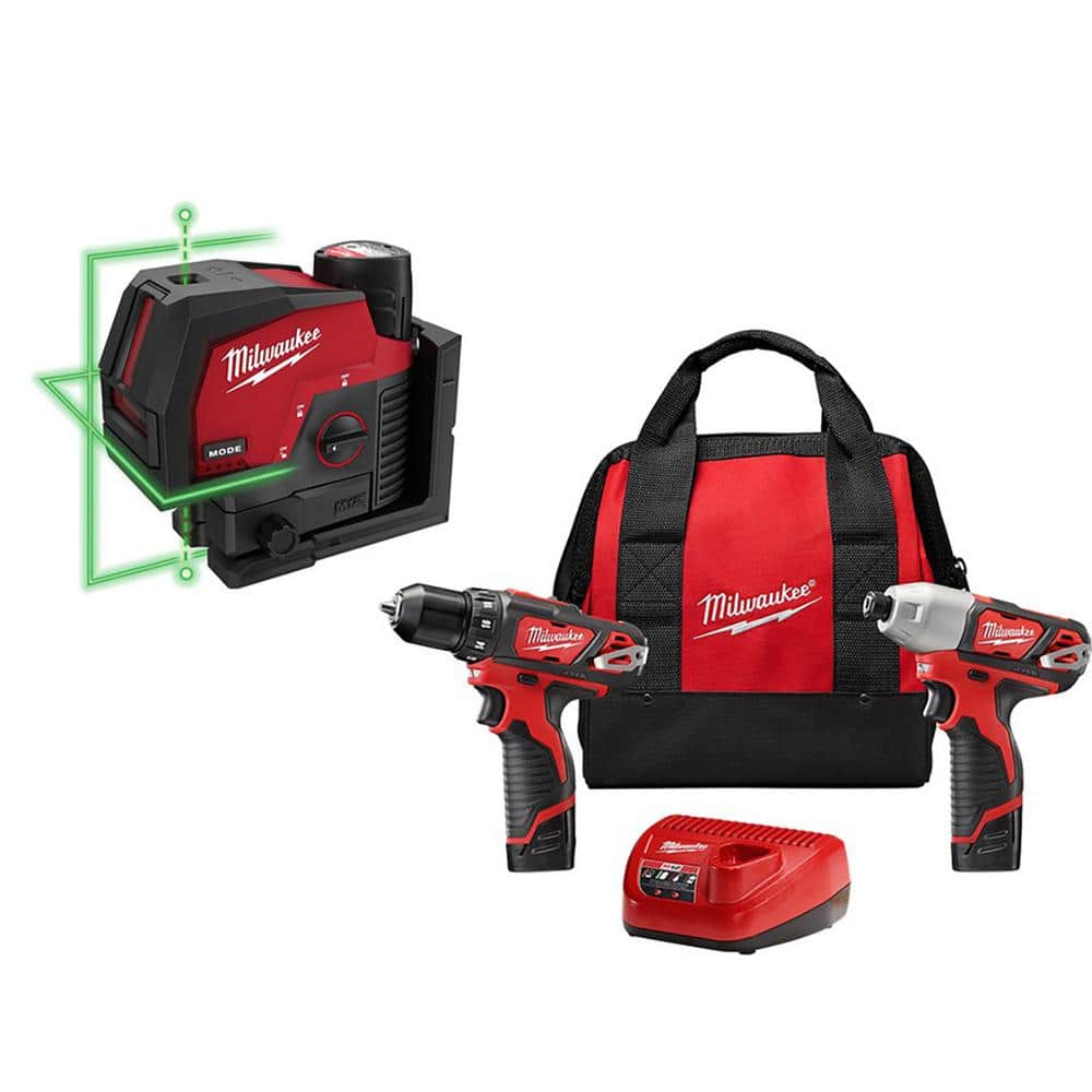 Milwaukee M12 12-Volt Lithium-Ion Cordless Green 125 ft. Cross Line & Plumb Points Laser Level Kit with Drill & Impact Driver Kit -  3622-21-2494-22