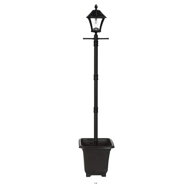 GAMA SONIC Baytown Bulb Black Outdoor Solar Integrated Warm-White LED Lamp Post with Planter and Inground Auger Base for Landscape