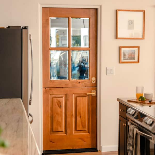 36 in. x 80 in. Farmhouse Knotty Alder Left-Hand/Inswing 4-Lite Clear Glass Unfinished Dutch Wood Prehung Front Door
