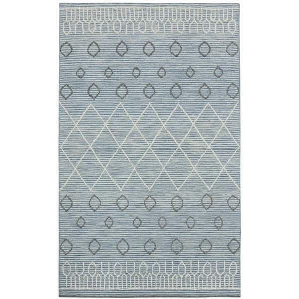 5 ft. x 8 ft. Blue Gray And Ivory Wool Geometric Hand Hooked Area Rug