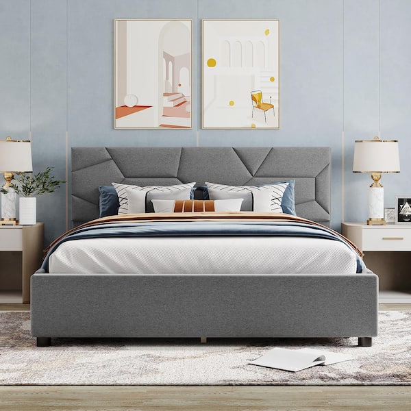 URTR Gray Linen Upholstered Wood Frame Queen Size Platform Bed with Storage Platform Bed Frame with Headboard and 4 Drawers