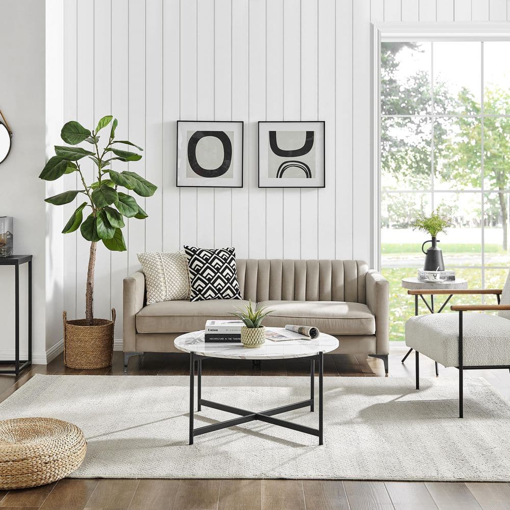 35" Round White Marble Finish Coffee Table with Black Metal Frame