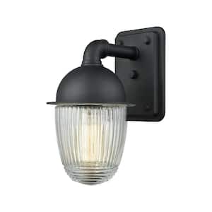 Channing 1-Light Matte Black with Clear Ribbed Glass Outdoor Wall Mount Sconce