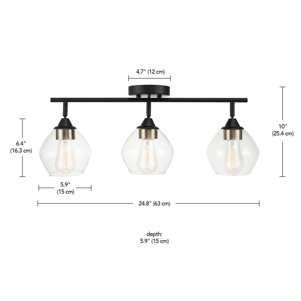 Harrow 3-Light Matte Black Track Lighting with Antique Brass Accents and Clear Glass Shades