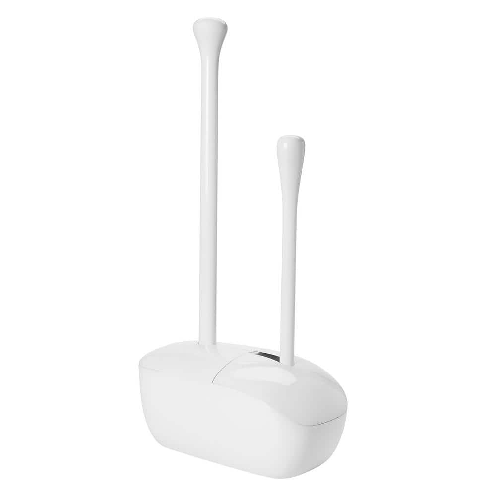 White Plastic Toilet Brush and Plunger Set with Holder