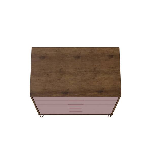 Manhattan Comfort 154GMC6 Rockefeller 5-Drawer Tall Dresser with Metal Legs  in Nature & Rose Pink, 44.57 x 35.31 x 21.57 in. 