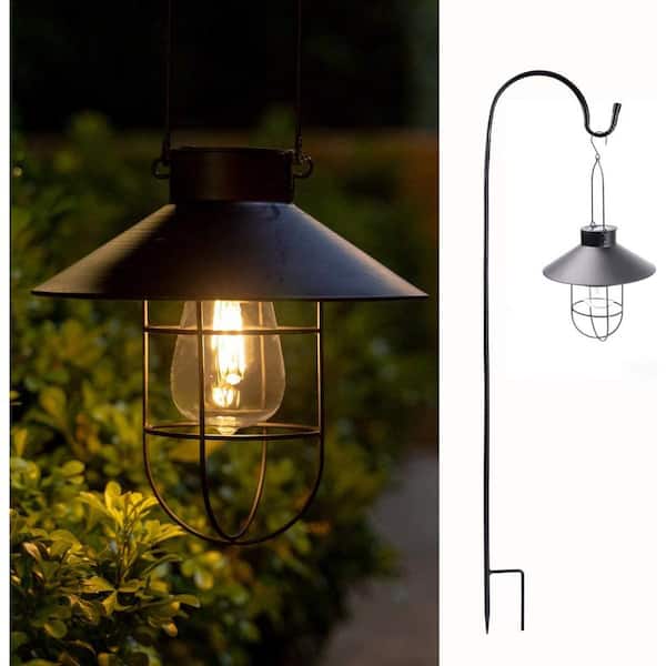 2Pack Solar Metal Hanging Lantern with Shepherd Hook Outdoor Led