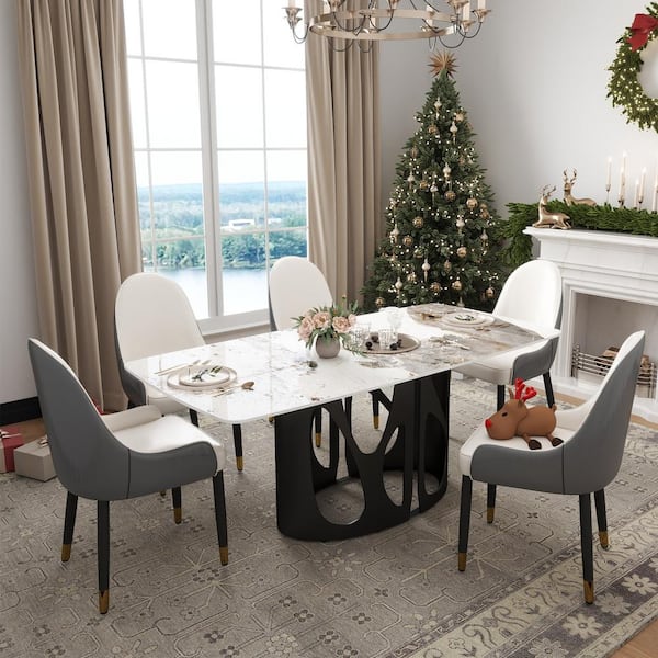 Magic Home 70.8 in. Pandora Rectangle Round Edge Sintered Stone Top Pedestal Black Metal Base Dining Table (Seats-8)