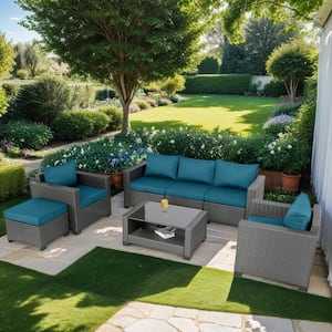7-Piece Wicker Outdoor Patio Conversation Furniture Seating Set with Dark Blue Cushions