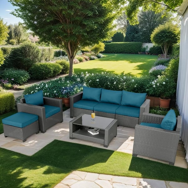 fiziti 7-Piece Wicker Outdoor Patio Conversation Furniture Seating Set with Peacock Blue Cushions and Coffee Table