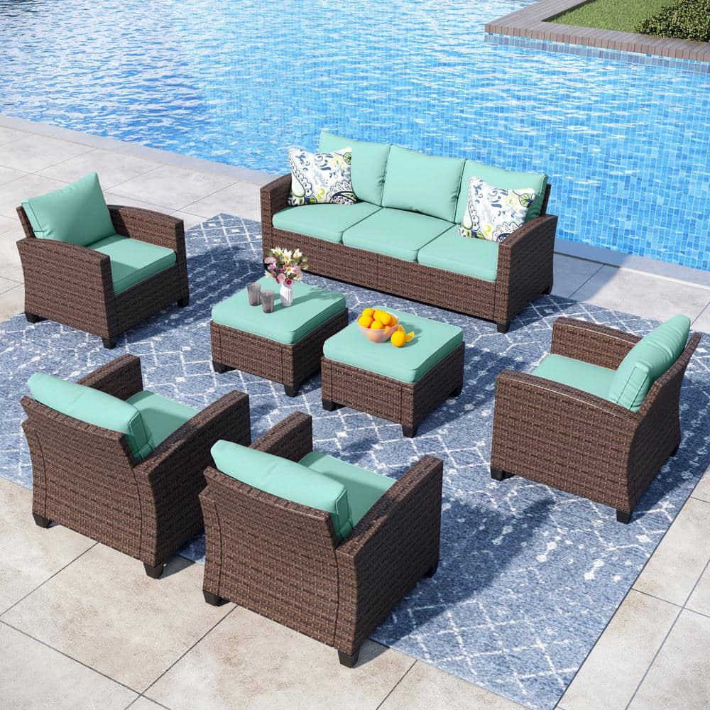 Brown Rattan Wicker 9 Seat 7-Piece Steel Patio Outdoor Sectional Set with Blue Cushions and 2 Ottomans price history on PriceWatchPro