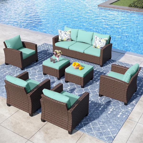 PHI VILLA Brown Rattan Wicker 9 Seat 7-Piece Steel Patio Outdoor Sectional Set with Blue Cushions and 2 Ottomans
