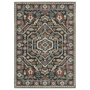 Hunter Green/Pink 4 ft. x 6 ft. Layered Floral Medallion Polyester Fringe-Edge Indoor Area Rug