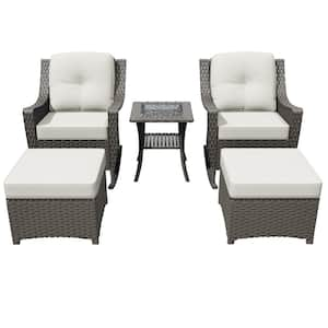 5-Piece Wicker Outdoor Patio Conversation Set Rocking Chair Set with Beige Cushions