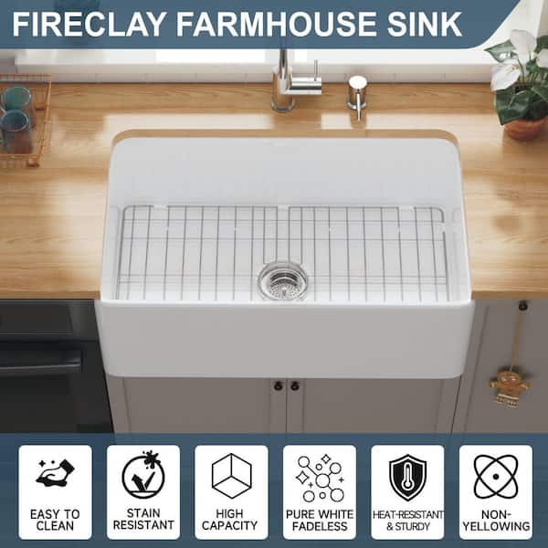 Kuomih White Fireclay 30 in. Single Bowl Corner Farmhouse Apron