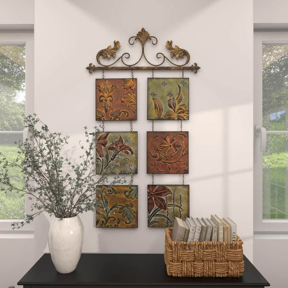 Multi-Colored Metal Botanical Wall Sculpture with Embossed Panels