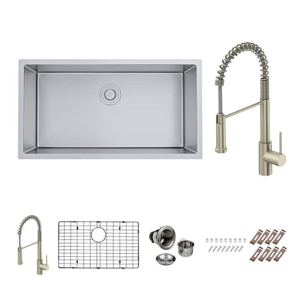 PELHAM & WHITE Bryn 16-Gauge Stainless Steel 33 in. Single Bowl Undermount Kitchen Sink with Classic Faucet, Bottom Grid, Drain