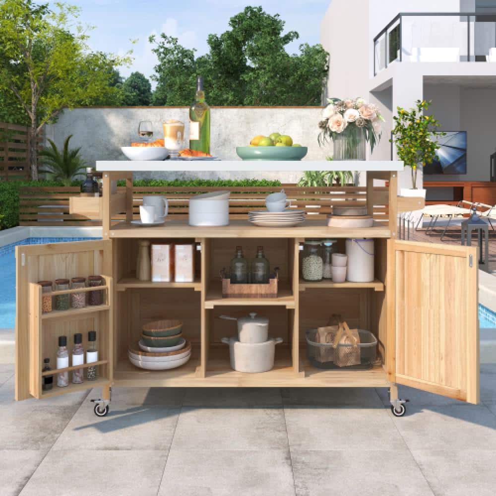 Natural Stainless-Steel Top 50.25 in. W. Rolling Kitchen Island Outdoor Gri