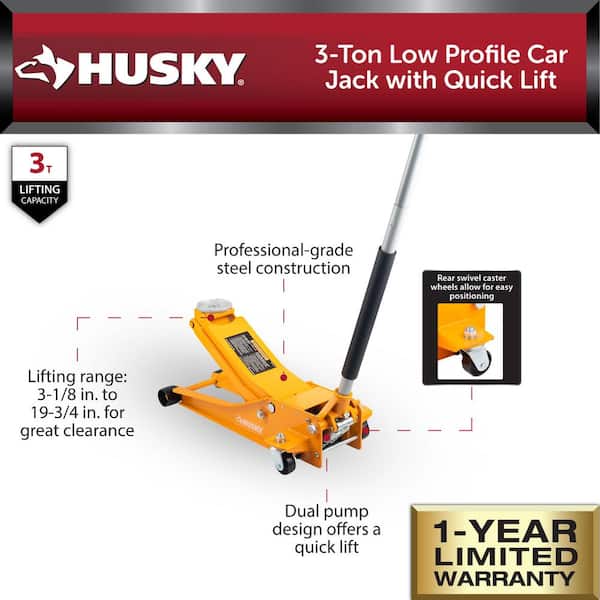 Husky 3-Ton Low Profile Floor Jack with Quick Lift in Orange