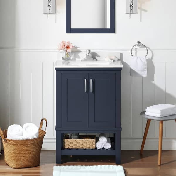 Home Decorators Collection Tupelo 24 in. W x 19 in. D x 34 in. H Single Sink Bath Vanity in Midnight Blue with White Engineered Stone Top