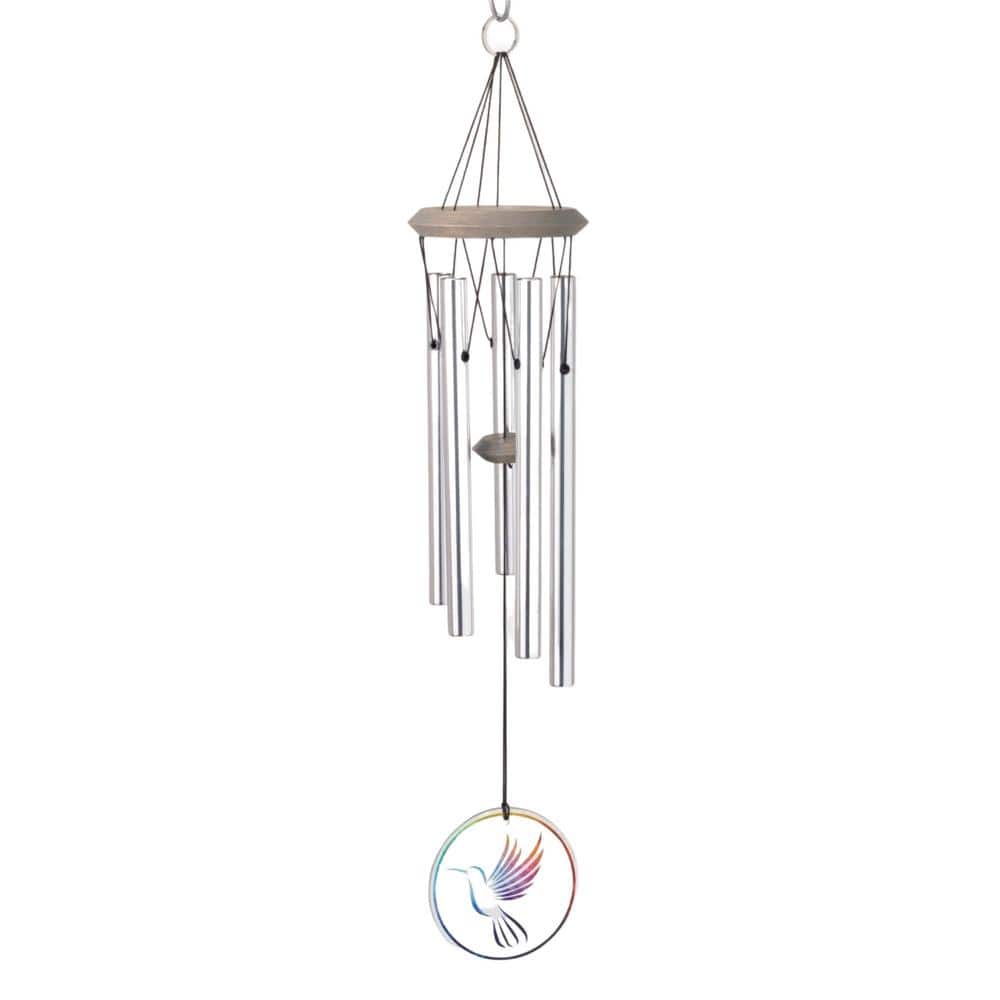 Clear Glass Hummingbird Wind Chime with Silver Tubes, 22" Length
