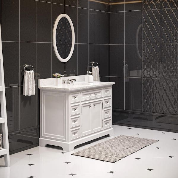 48 in. W x 22 in. D Vanity in White with Marble Vanity Top in Carrara White and Mirror