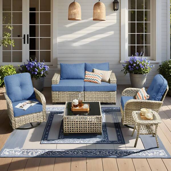 Torino Gray 6-Piece Modern Wicker Patio Conversation Deep Seating Set with Swivel Rocking Chairs and Denim Blue Cushions