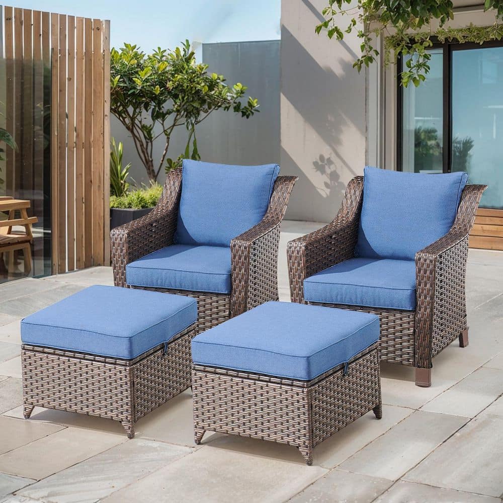 SlideArm 4-Piece Brown Wicker Outdoor Lounge Chairs Patio Armchairs with Navy Blue Cushions and Ottomans price history on PriceWatchPro