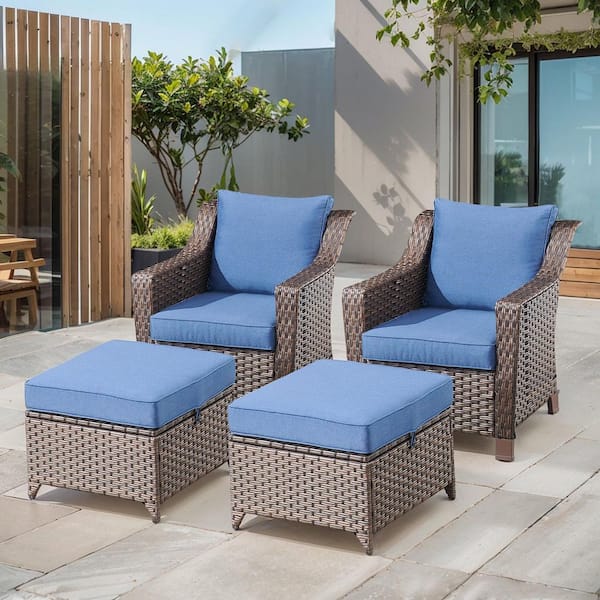 SlideArm 4-Piece Brown Wicker Outdoor Lounge Chairs Patio Armchairs with Navy Blue Cushions and Ottomans
