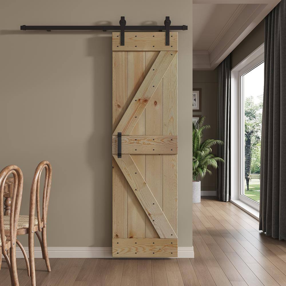 Unfinished Pine Wood Sliding Barn Door with Black Hardware Kit