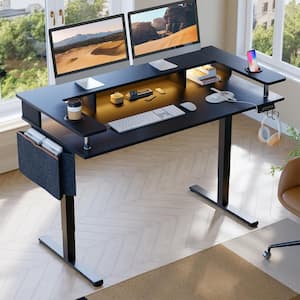 58 in. Rectangular Black Wood Sit to Stand Desk with Monitor Stand and Cup Holder