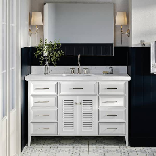 ARIEL Kensington 54 in. W x 22 in. D x 36 in. H Single Oval Sink Bath Vanity in White with Carrara White Quartz Top