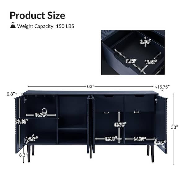 JAYDEN CREATION Kordt Navy Modern 63 in. W 4-Door Wood Sideboard