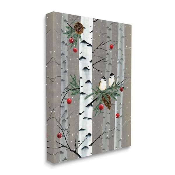 Stupell Industries "Birds and Holiday Ornaments Birch Tree Forest" by Grace Popp Unframed Animal Canvas Wall Art Print 16 in. x 20 in.