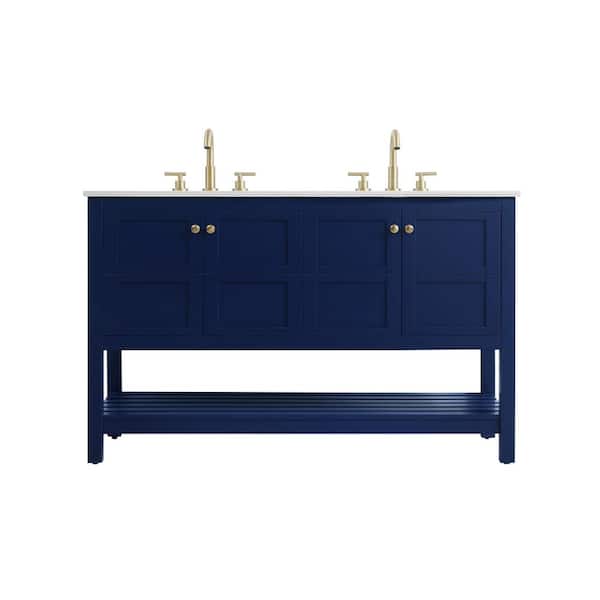 54 in. Double Sink Blue Bath Vanity with White Engineered Marble Top