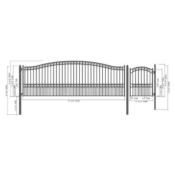 ALEKO 23 ft. x 6 ft. Black Steel Single Swing Driveway Gate PARIS Style 18 ft. with Pedestrian Gate 5 ft. Fence Gate