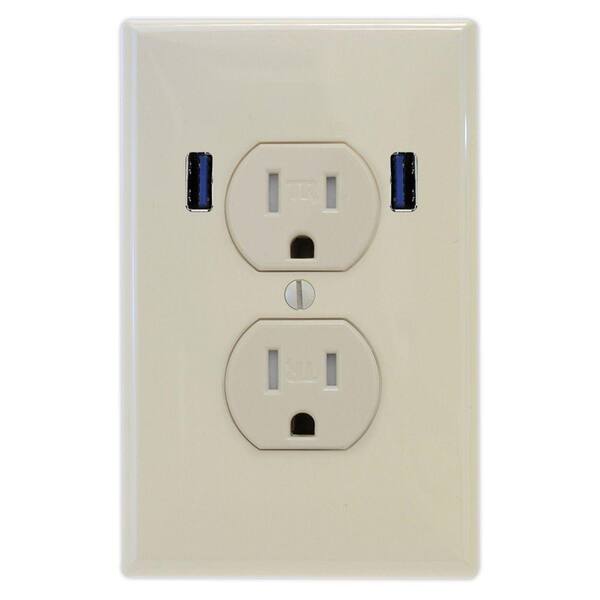 U-Socket 15 Amp Standard Duplex Tamper Resistant Wall Outlet with 2 Built-in USB Charging Ports - Light Almond