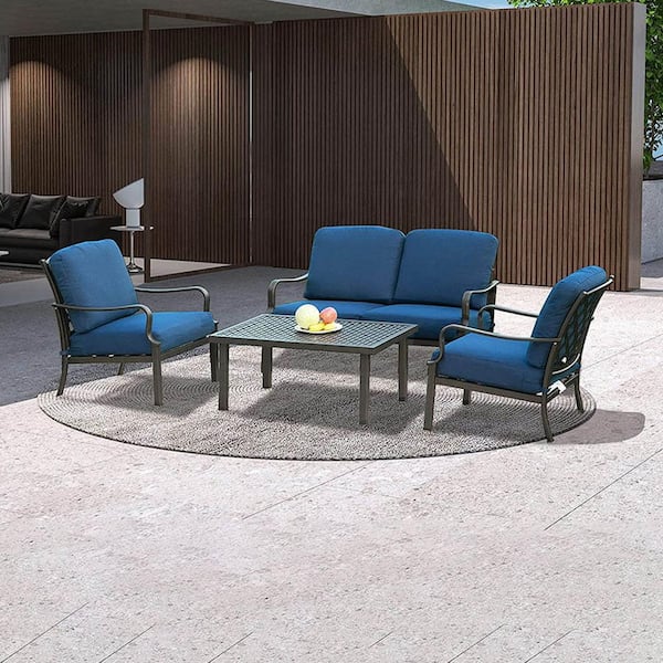 Sudzendf 4-Piece Black Metal Outdoor Patio Conversation Set with Navy Blue Cushion and Metal Dining Table